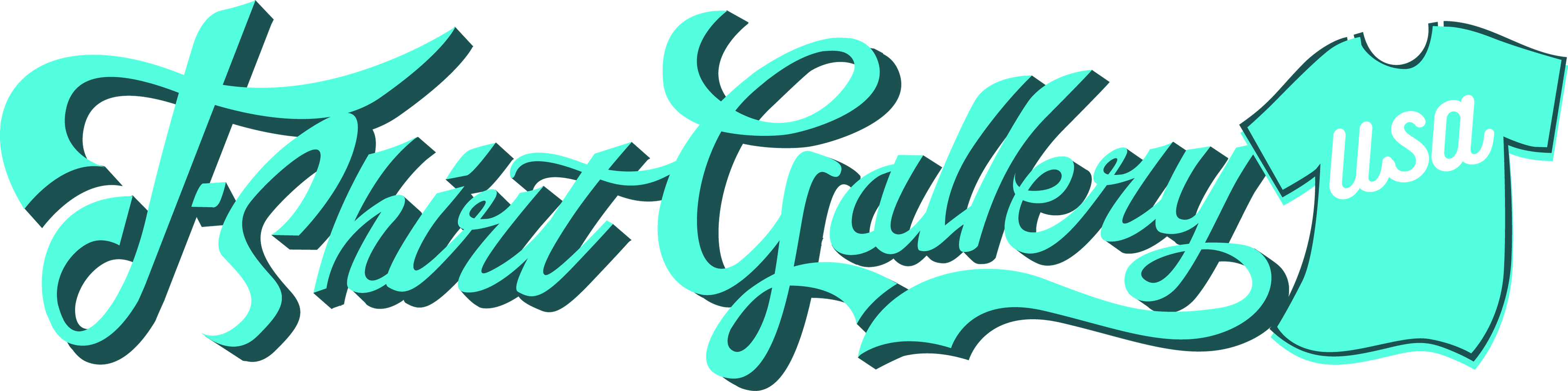 A stylized turquoise and dark teal logo reading 'TShirtGallery' with a small turquoise t-shirt icon containing 'USA' on the right, shown on a white background.